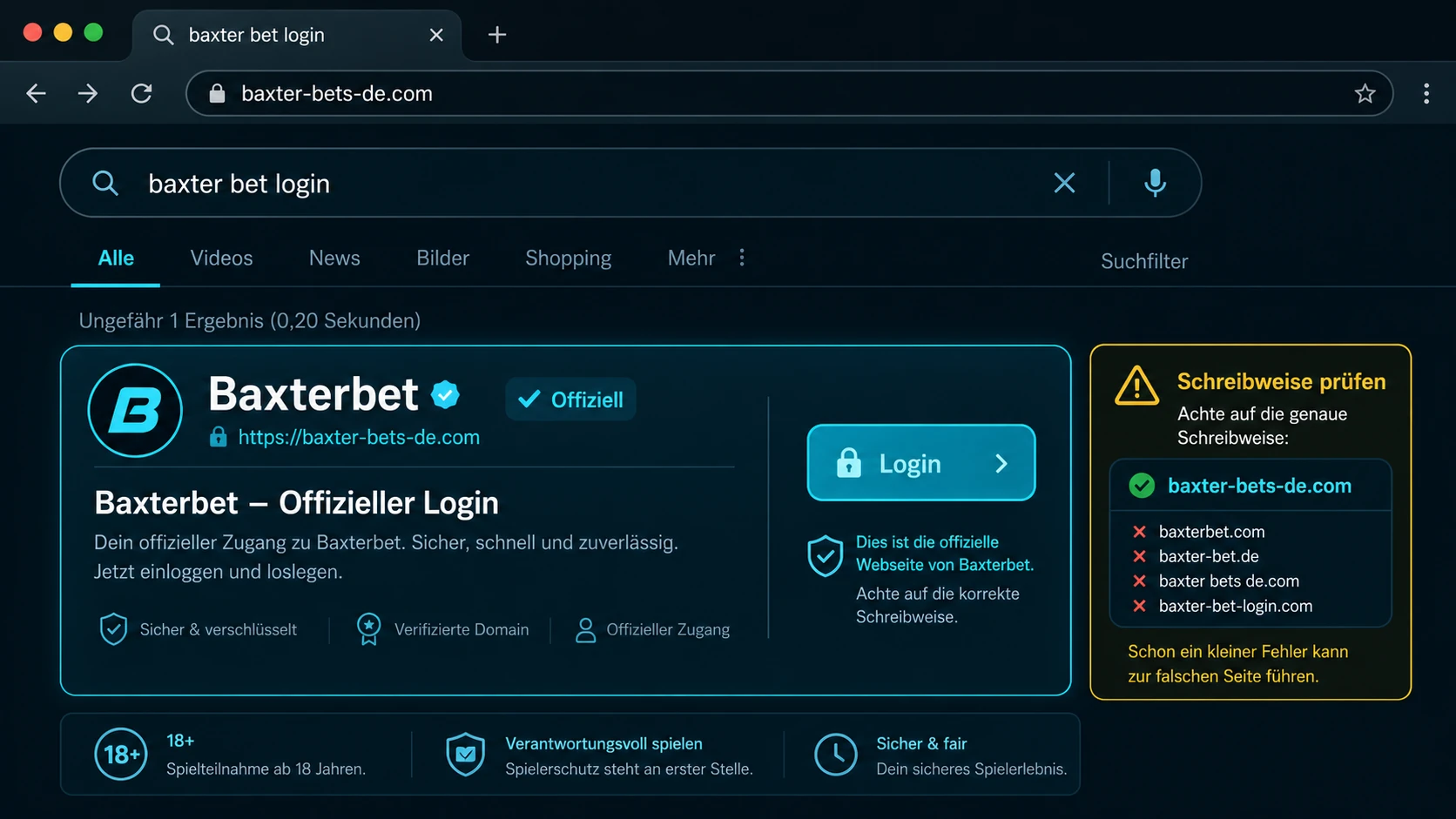 Baxter Bet Login und Schreibweise prüfen