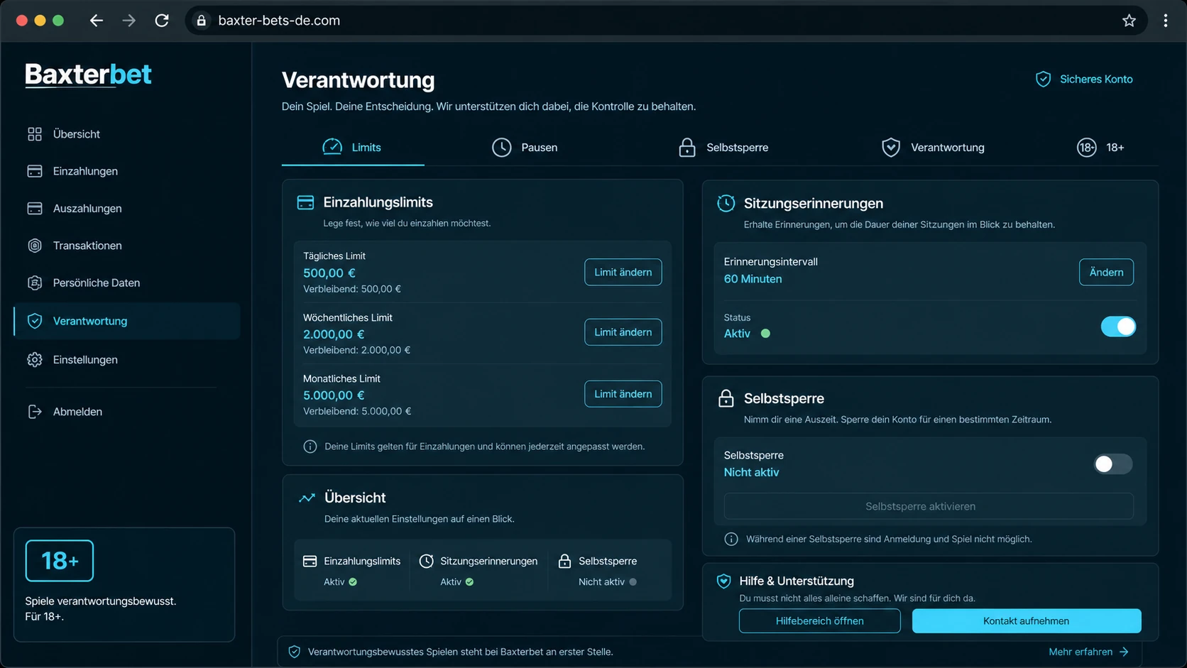 Login, Limits und verantwortungsvolles Spielen